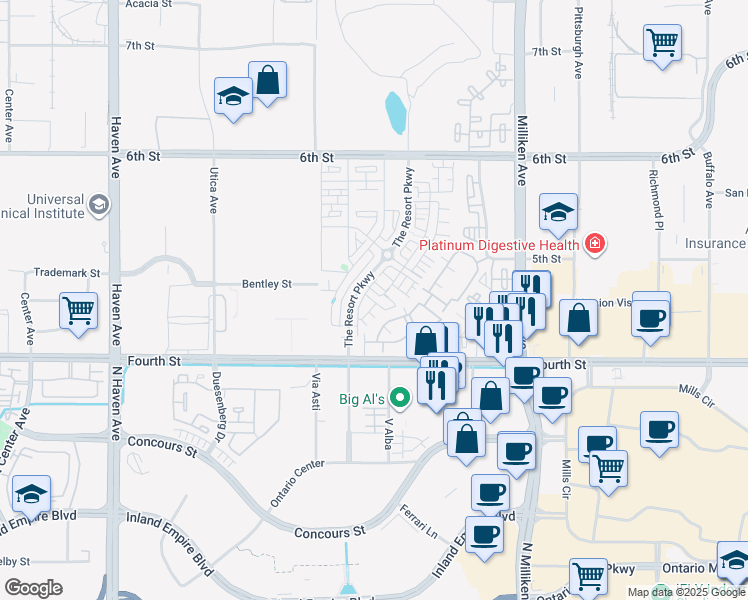 map of restaurants, bars, coffee shops, grocery stores, and more near Momentum Drive in Rancho Cucamonga