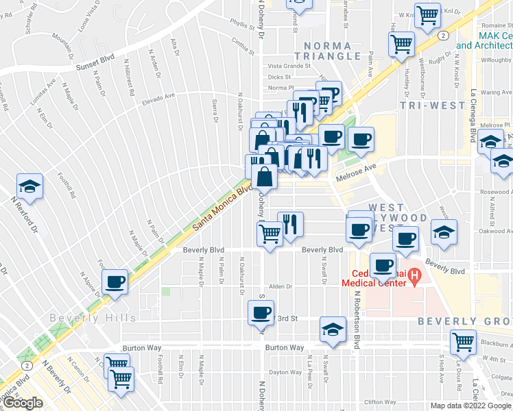 map of restaurants, bars, coffee shops, grocery stores, and more near 458 North Oakhurst Drive in Beverly Hills