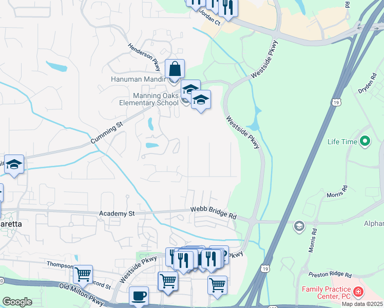 map of restaurants, bars, coffee shops, grocery stores, and more near 241 Wedgewood Drive in Alpharetta