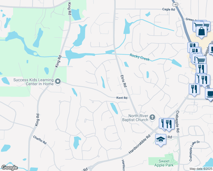 map of restaurants, bars, coffee shops, grocery stores, and more near 12230 Asbury Park Drive in Roswell