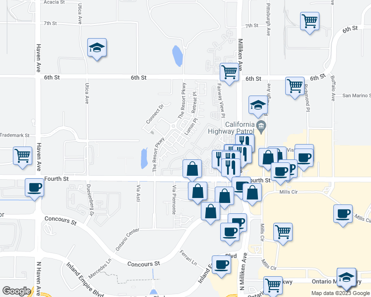 map of restaurants, bars, coffee shops, grocery stores, and more near Daybreeze Drive in Rancho Cucamonga