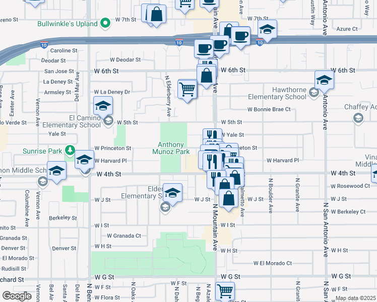 map of restaurants, bars, coffee shops, grocery stores, and more near 1161 West Princeton Street in Ontario