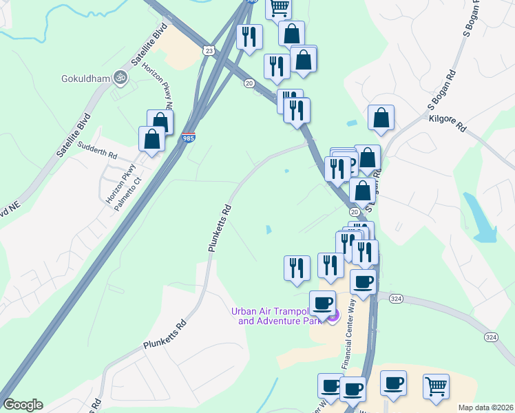 map of restaurants, bars, coffee shops, grocery stores, and more near 1781 Plunketts Road in Buford