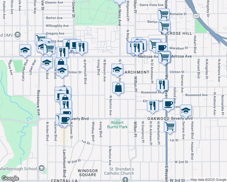 map of restaurants, bars, coffee shops, grocery stores, and more near 432 North Norton Avenue in Los Angeles