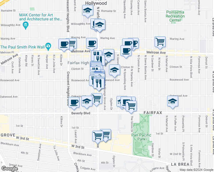 map of restaurants, bars, coffee shops, grocery stores, and more near 442 North Orange Grove Avenue in Los Angeles