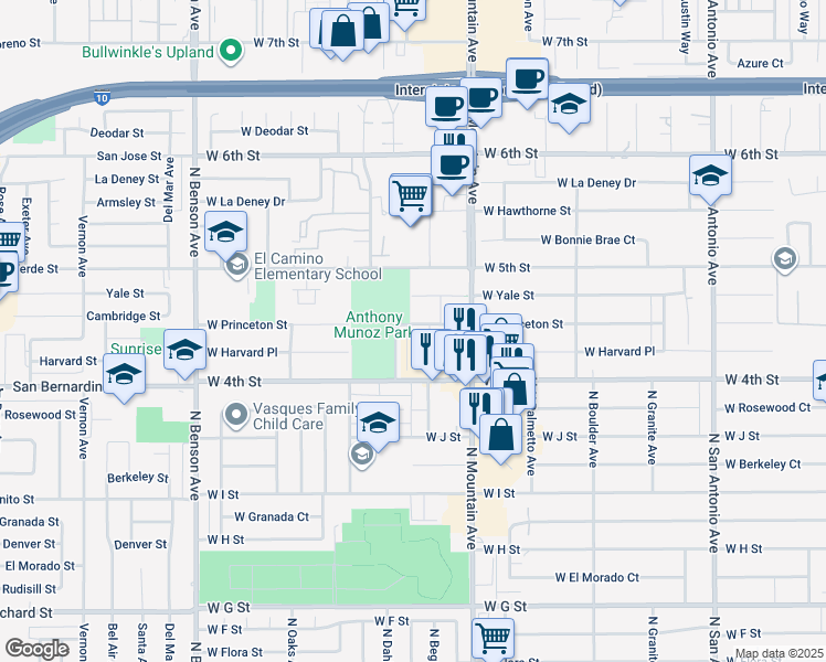 map of restaurants, bars, coffee shops, grocery stores, and more near 1161 West Princeton Street in Ontario