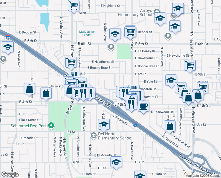 map of restaurants, bars, coffee shops, grocery stores, and more near 1512 East 5th Street in Ontario