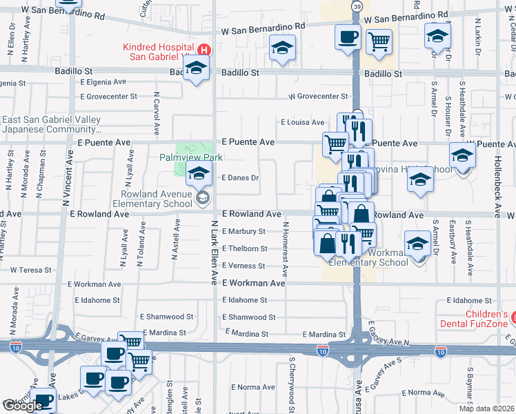 map of restaurants, bars, coffee shops, grocery stores, and more near 528 North Butterfield Road in West Covina