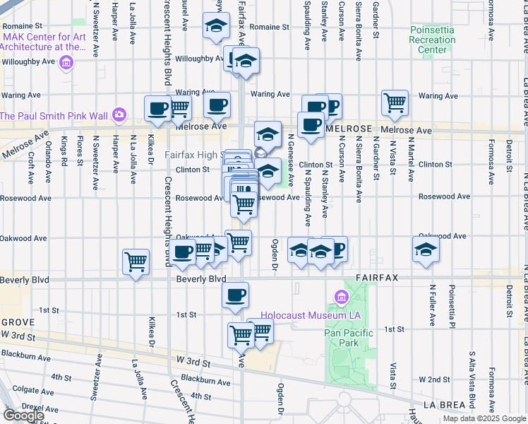 map of restaurants, bars, coffee shops, grocery stores, and more near 442 North Orange Grove Avenue in Los Angeles