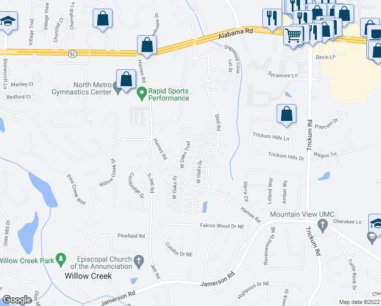 map of restaurants, bars, coffee shops, grocery stores, and more near 370 West Oaks Trail in Woodstock