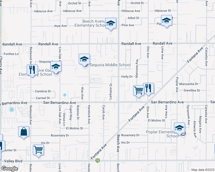 map of restaurants, bars, coffee shops, grocery stores, and more near 15231 Manzanita Drive in Fontana