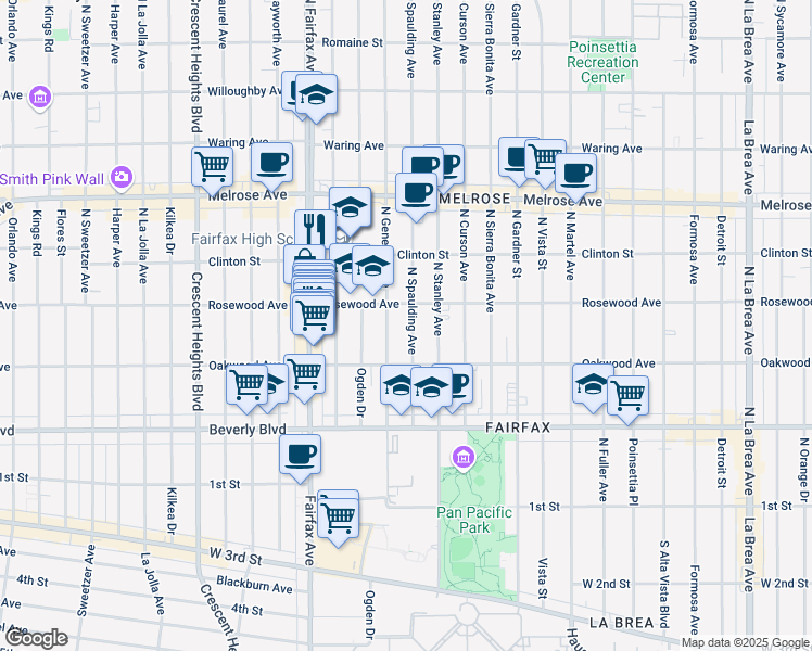 map of restaurants, bars, coffee shops, grocery stores, and more near 461 North Spaulding Avenue in Los Angeles