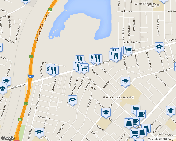map of restaurants, bars, coffee shops, grocery stores, and more near 13030 Ramona Boulevard in Baldwin Park
