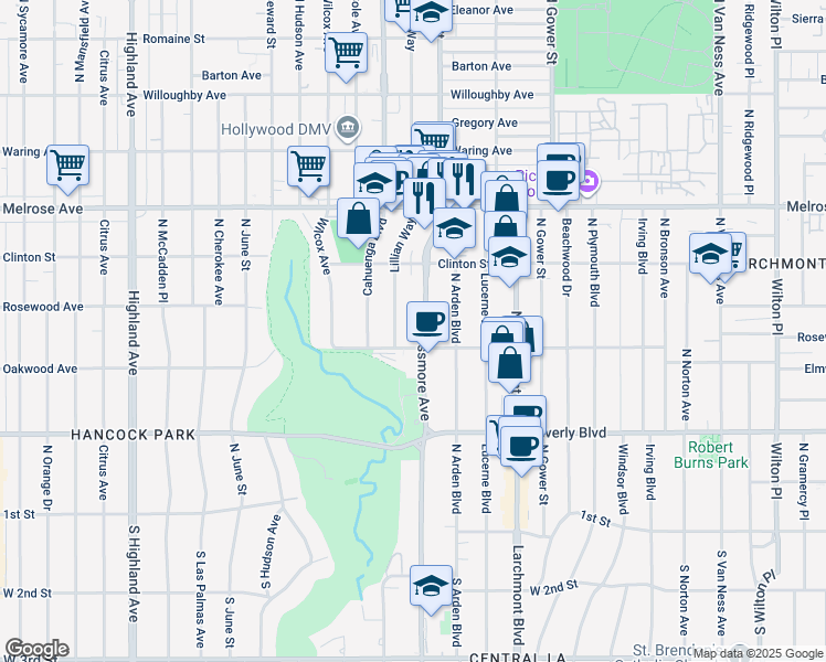 map of restaurants, bars, coffee shops, grocery stores, and more near 501 North Rossmore Avenue in Los Angeles