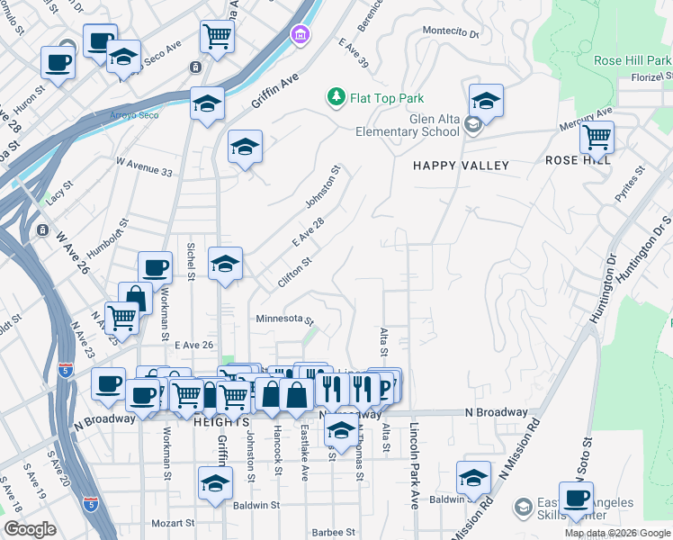 map of restaurants, bars, coffee shops, grocery stores, and more near 2911 North Thomas Street in Los Angeles