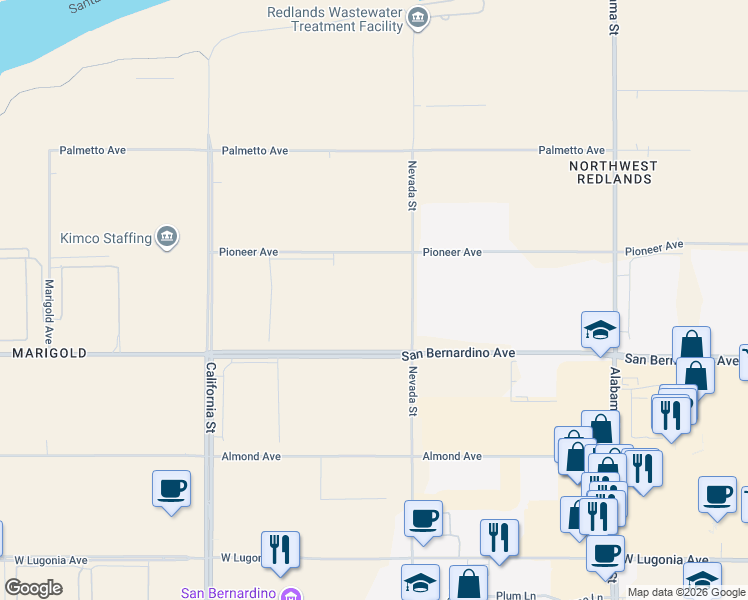 map of restaurants, bars, coffee shops, grocery stores, and more near 26875 Pioneer Avenue in Redlands