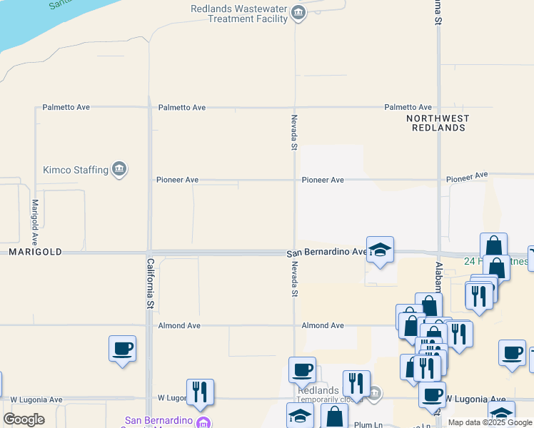 map of restaurants, bars, coffee shops, grocery stores, and more near 26875 Pioneer Avenue in Redlands