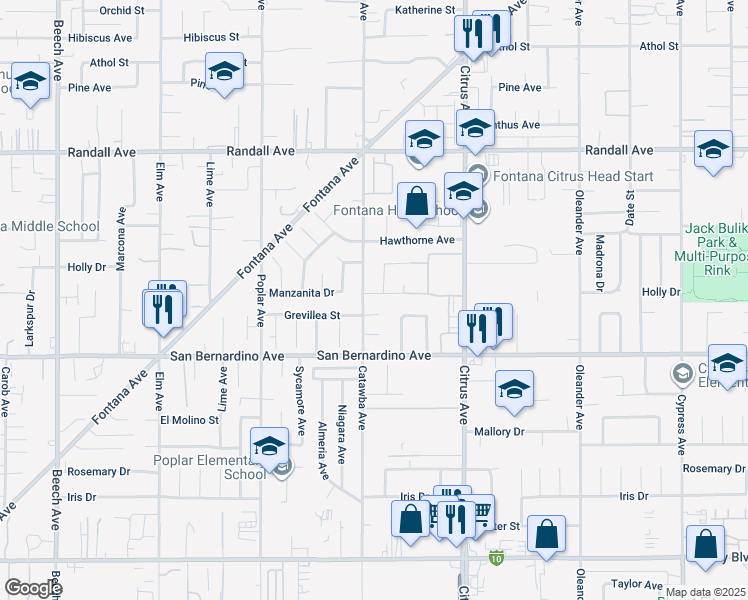 map of restaurants, bars, coffee shops, grocery stores, and more near 15937 Manzanita Drive in Fontana
