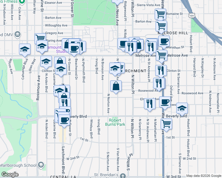 map of restaurants, bars, coffee shops, grocery stores, and more near 432 North Norton Avenue in Los Angeles