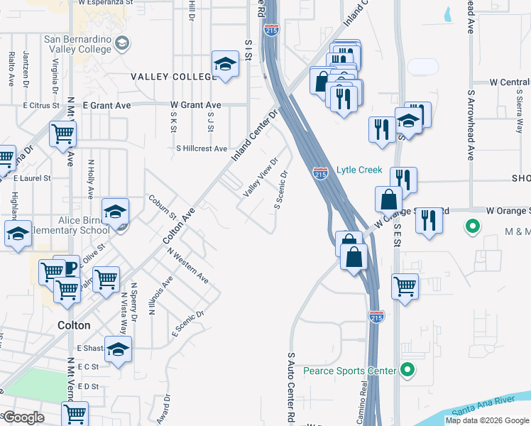 map of restaurants, bars, coffee shops, grocery stores, and more near 1124 Scenic Drive in San Bernardino
