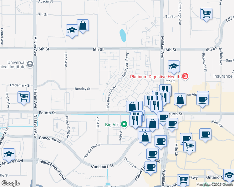 map of restaurants, bars, coffee shops, grocery stores, and more near 11016 Deckhouse Drive in Rancho Cucamonga