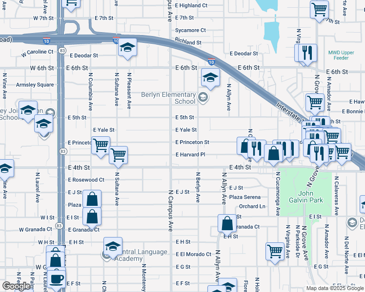 map of restaurants, bars, coffee shops, grocery stores, and more near 729 East Princeton Street in Ontario