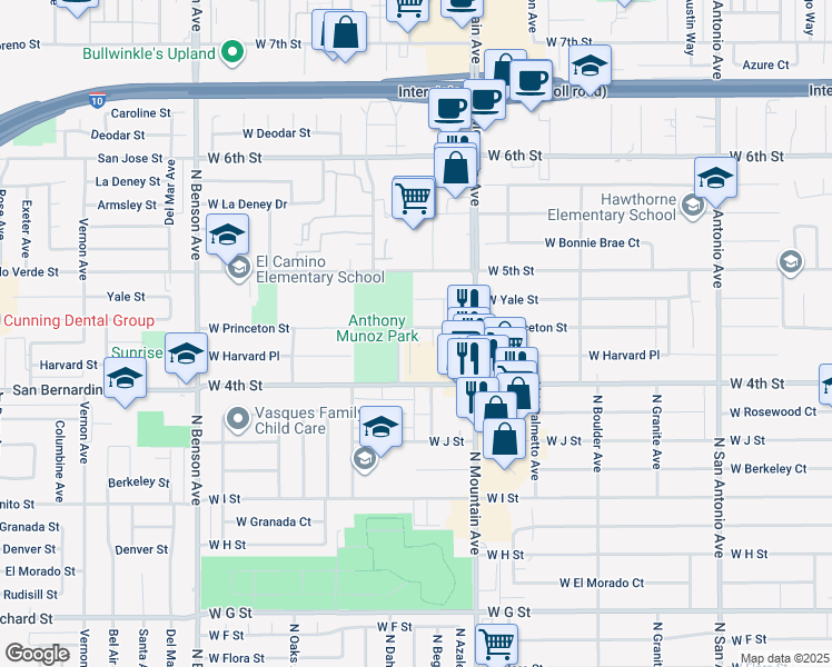 map of restaurants, bars, coffee shops, grocery stores, and more near 1156 West Princeton Street in Ontario