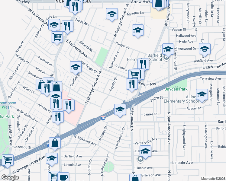 map of restaurants, bars, coffee shops, grocery stores, and more near 2087 Via Lido Place in Pomona