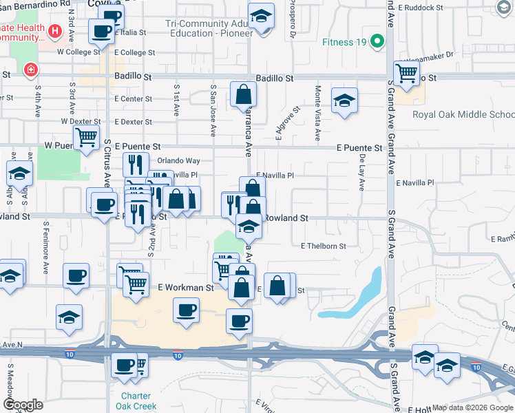 map of restaurants, bars, coffee shops, grocery stores, and more near 528 South Barranca Avenue in Covina