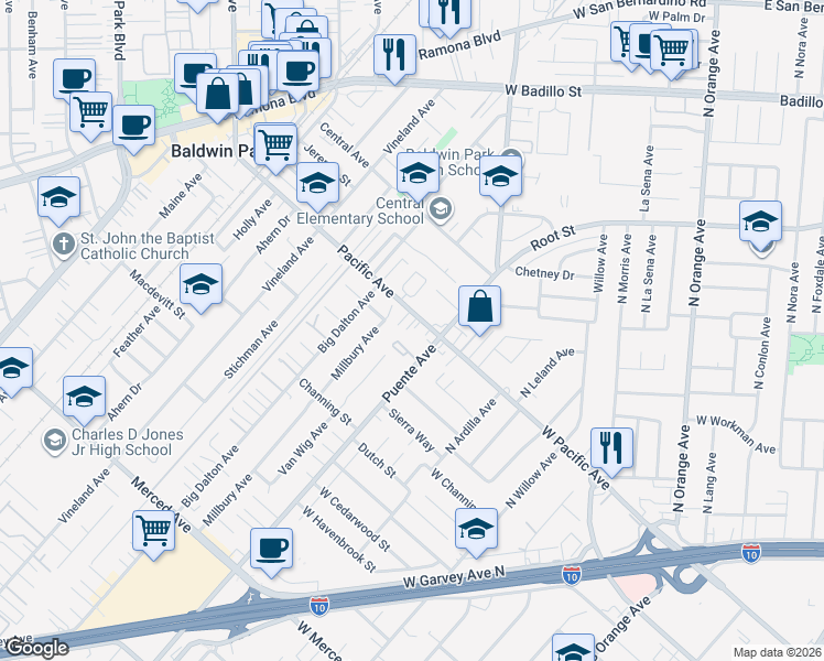 map of restaurants, bars, coffee shops, grocery stores, and more near 14842 Pacific Avenue in Baldwin Park