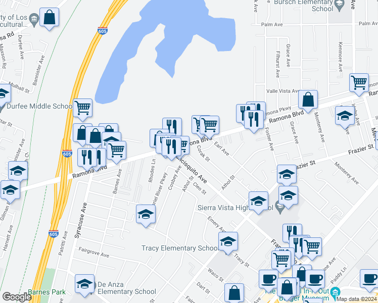 map of restaurants, bars, coffee shops, grocery stores, and more near 13030 Ramona Boulevard in Baldwin Park