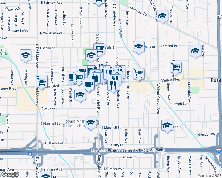 map of restaurants, bars, coffee shops, grocery stores, and more near 1602 South Gladys Avenue in San Gabriel