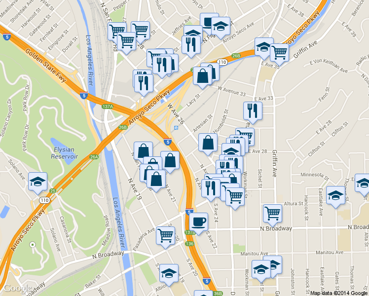 map of restaurants, bars, coffee shops, grocery stores, and more near 330 West Avenue 26 in Los Angeles