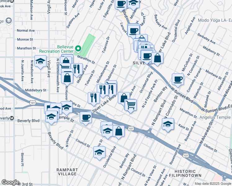 map of restaurants, bars, coffee shops, grocery stores, and more near 702 North Dillon Street in Los Angeles