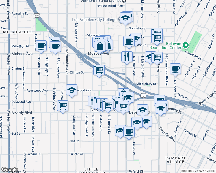 map of restaurants, bars, coffee shops, grocery stores, and more near 533 North Berendo Street in Los Angeles