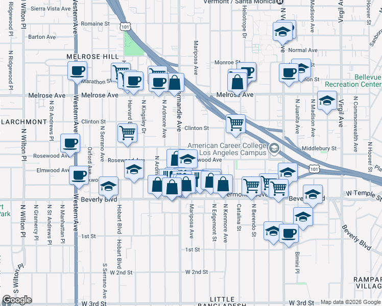 map of restaurants, bars, coffee shops, grocery stores, and more near 532 North Mariposa Avenue in Los Angeles