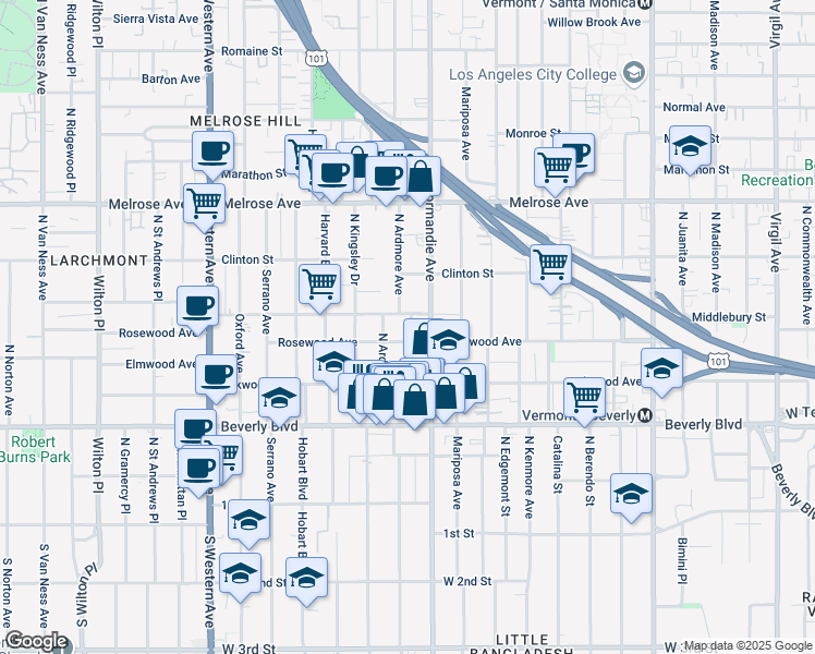 map of restaurants, bars, coffee shops, grocery stores, and more near 503 North Ardmore Avenue in Los Angeles