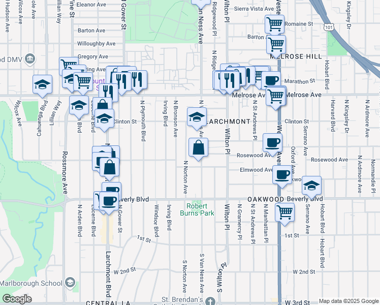 map of restaurants, bars, coffee shops, grocery stores, and more near 453 North Norton Avenue in Los Angeles