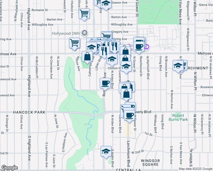 map of restaurants, bars, coffee shops, grocery stores, and more near 535 North Rossmore Avenue in Los Angeles