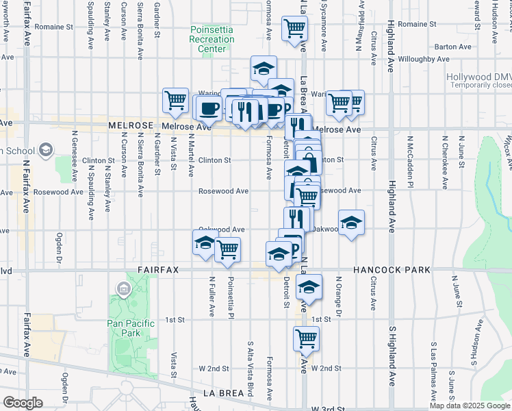 map of restaurants, bars, coffee shops, grocery stores, and more near 7216 Rosewood Avenue in Los Angeles