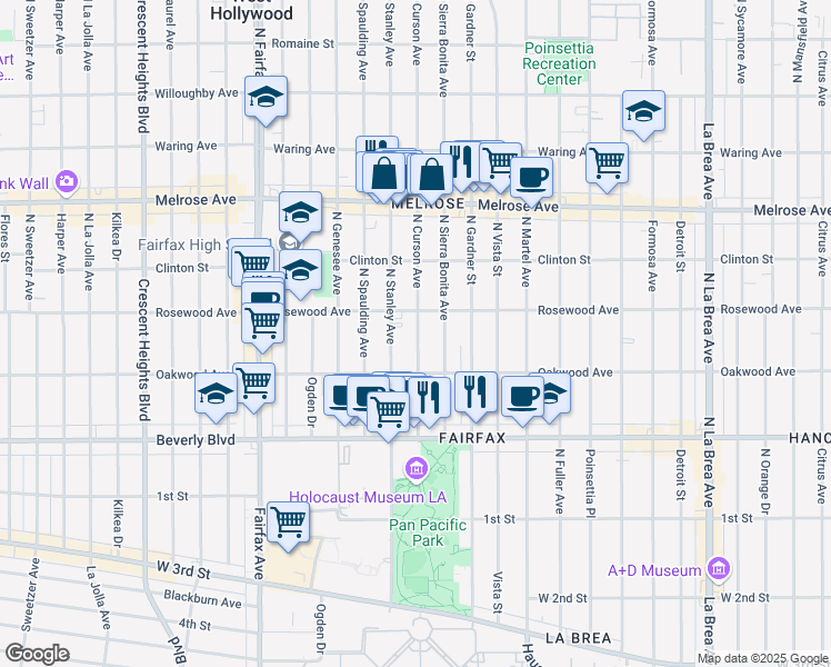 map of restaurants, bars, coffee shops, grocery stores, and more near 458 North Stanley Avenue in Los Angeles