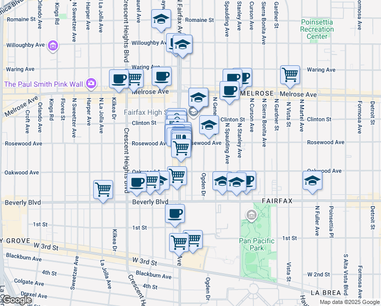 map of restaurants, bars, coffee shops, grocery stores, and more near 467 North Orange Grove Avenue in Los Angeles