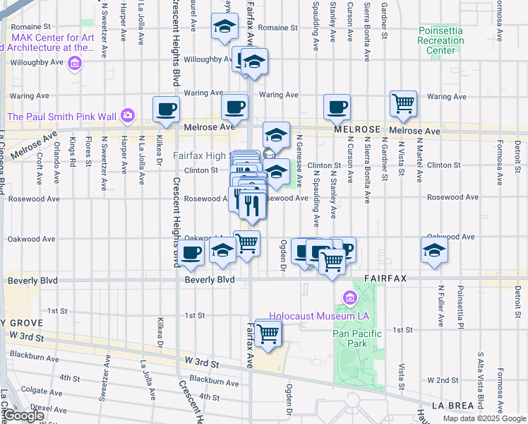 map of restaurants, bars, coffee shops, grocery stores, and more near 467 North Orange Grove Avenue in Los Angeles