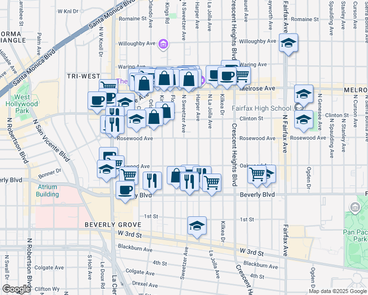 map of restaurants, bars, coffee shops, grocery stores, and more near 468 North Flores Street in Los Angeles