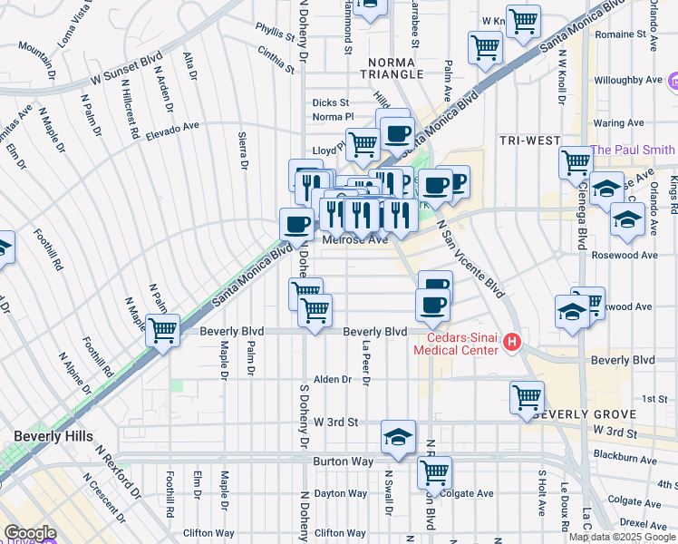 map of restaurants, bars, coffee shops, grocery stores, and more near 8932 Rangely Avenue in West Hollywood