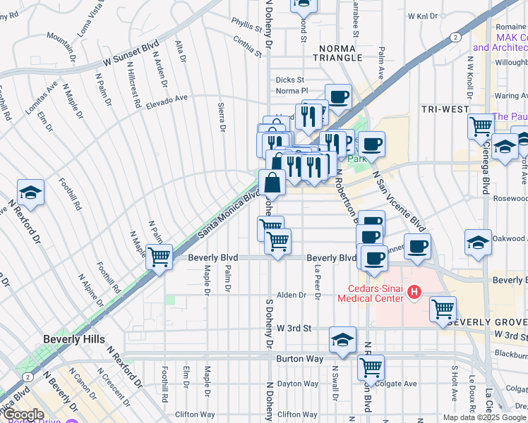 map of restaurants, bars, coffee shops, grocery stores, and more near 458 North Oakhurst Drive in Beverly Hills
