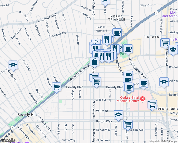 map of restaurants, bars, coffee shops, grocery stores, and more near 458 North Oakhurst Drive in Beverly Hills