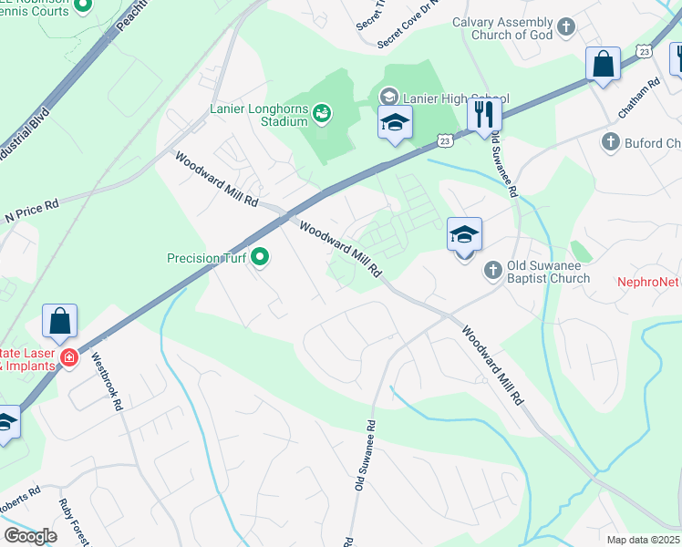 map of restaurants, bars, coffee shops, grocery stores, and more near 5215 Riden Court in Buford