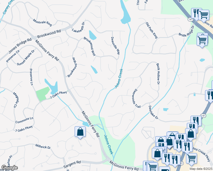 map of restaurants, bars, coffee shops, grocery stores, and more near 7335 Treyland Court in Cumming