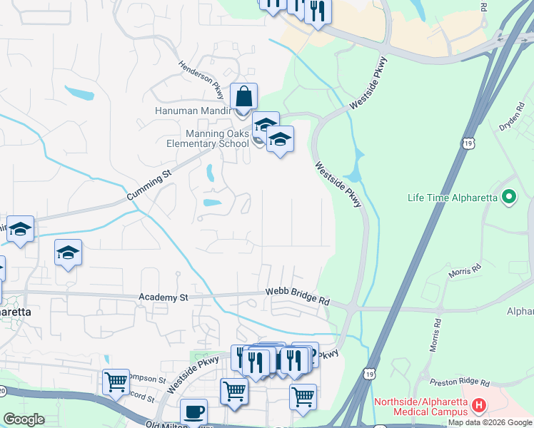 map of restaurants, bars, coffee shops, grocery stores, and more near 241 Wedgewood Drive in Alpharetta